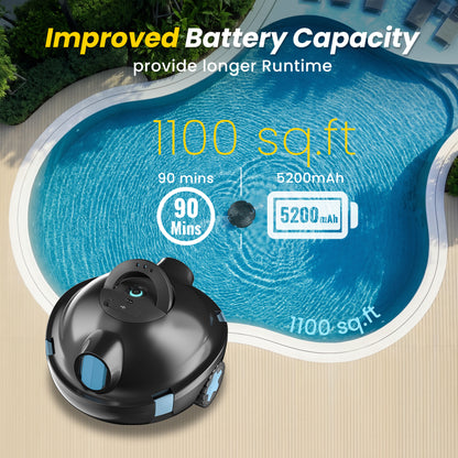 Cordless Robotic Pool Cleaner, Automatic Pool Vacuum - 90 Mins Runtime, Powerful Suction, Self-Parking, Lightweight for Above/Inground Pools Up to 65ft/1100 Sq.Ft