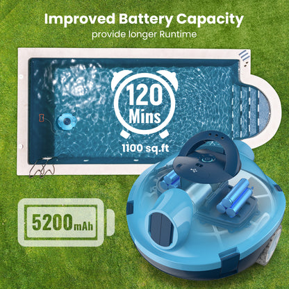 Y10 Cordless Robotic Pool Cleaner, Automatic Pool Vacuum -120 Mins Runtime, Powerful Suction, Self-Parking, Lightweight for Above/Inground Pools Up to 65ft/1100 Sq.Ft