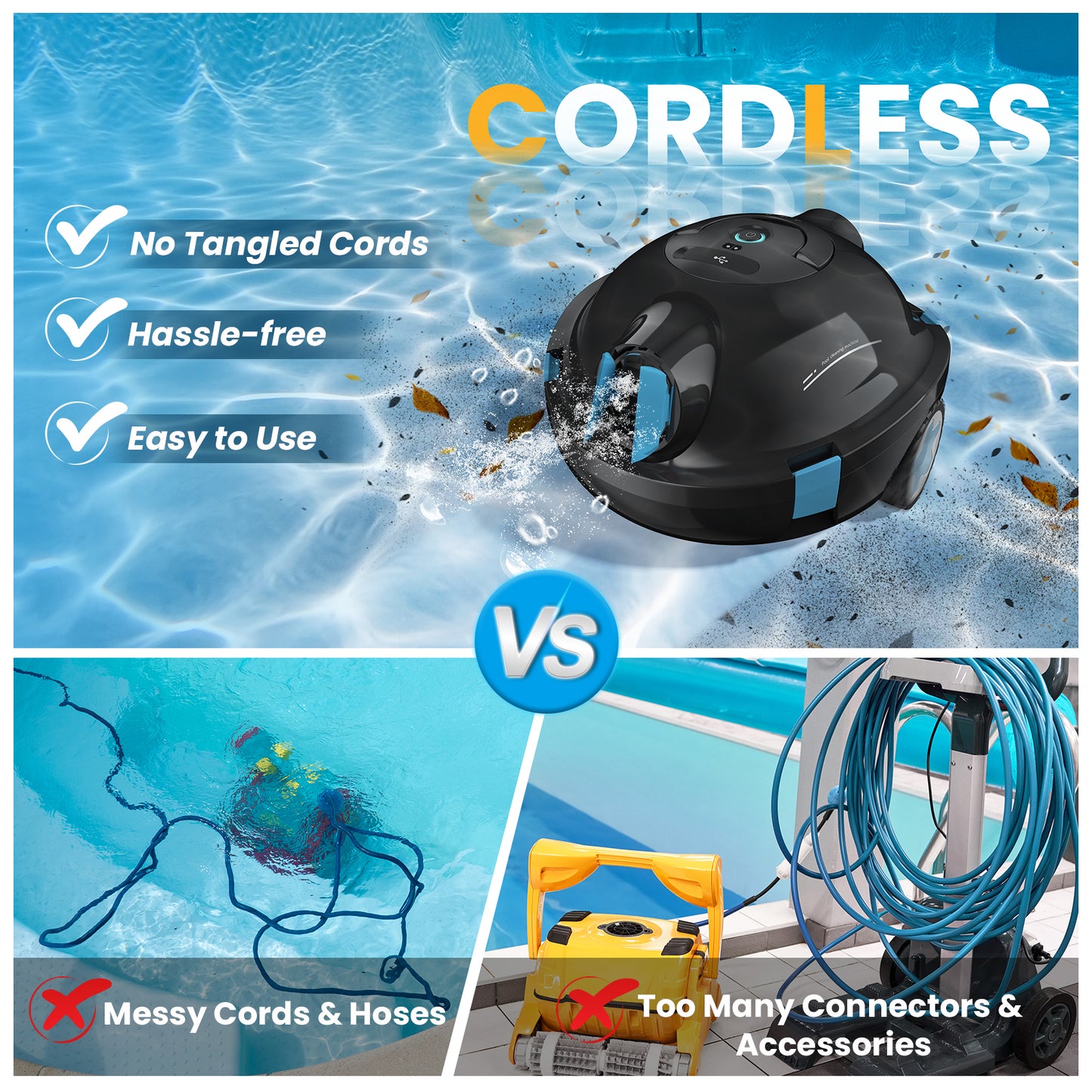 Y10 Cordless Robotic Pool Cleaner, Automatic Pool Vacuum - 120 Mins Runtime, Powerful Suction, Self-Parking, Lightweight for Above/Inground Pools Up to 65ft/1100 Sq.Ft (Obsidian)
