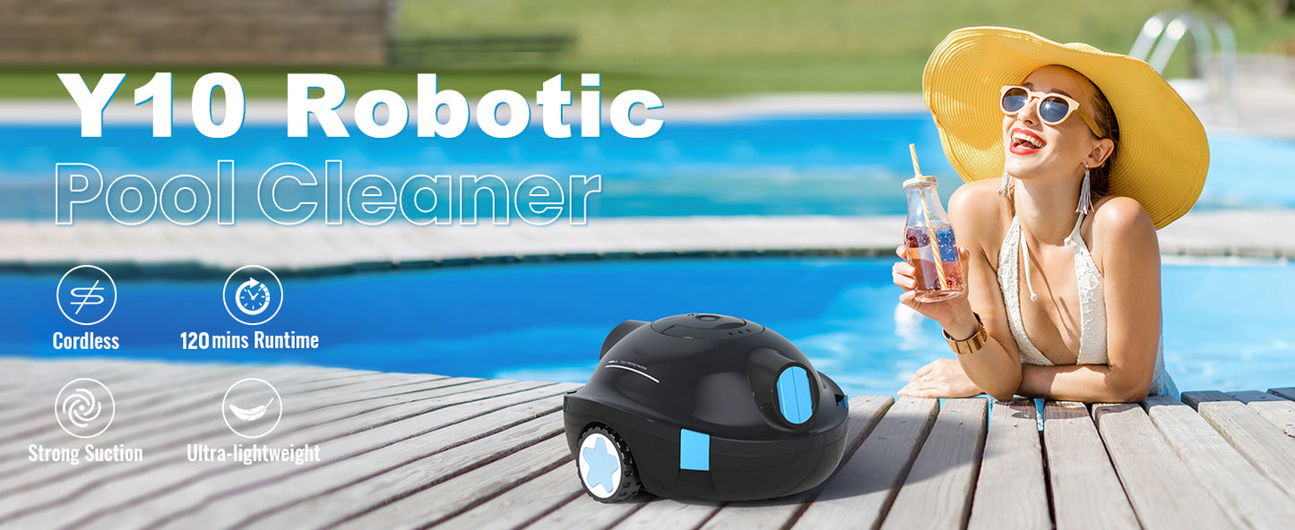Y10 Cordless Robotic Pool Cleaner, Automatic Pool Vacuum - 120 Mins Runtime, Powerful Suction, Self-Parking, Lightweight for Above/Inground Pools Up to 65ft/1100 Sq.Ft (Obsidian)