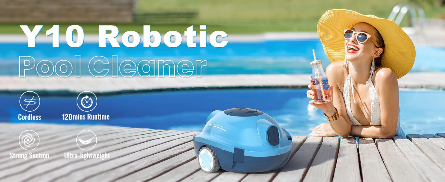 Y10 Cordless Robotic Pool Cleaner, Automatic Pool Vacuum -120 Mins Runtime, Powerful Suction, Self-Parking, Lightweight for Above/Inground Pools Up to 65ft/1100 Sq.Ft